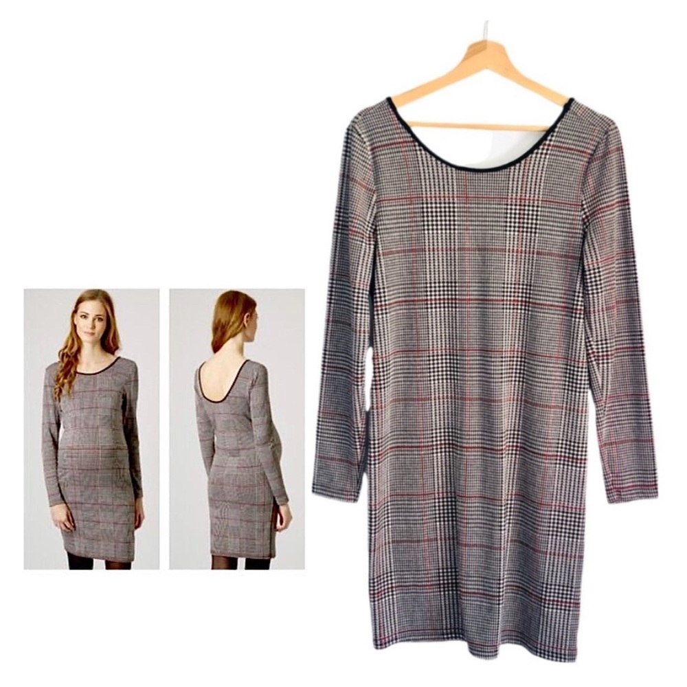 Topshop Plaid Maternity Dress Long Sleeve Size Medium 8-10 Black and Red